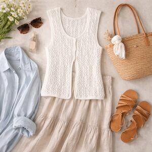 Handmade White Cable Knit Button Vest Cottagecore